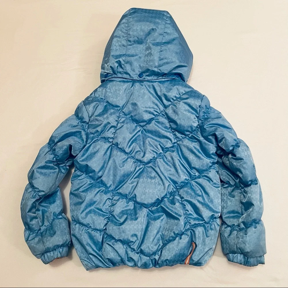 Girls blue ski coat with sherpa trim and removable hood by Oberymeyer